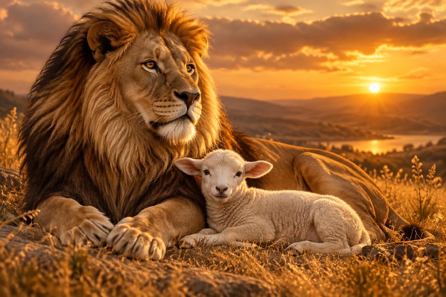 A lion resting peacefully beside a lamb — a picture of Christ's peace